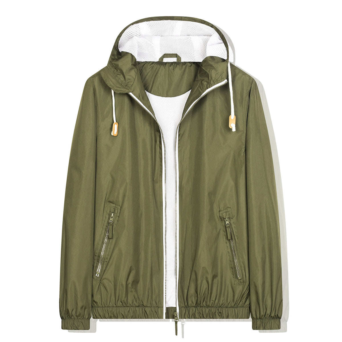 Men's quilted hooded zippered waterproof jacket in a solid army green