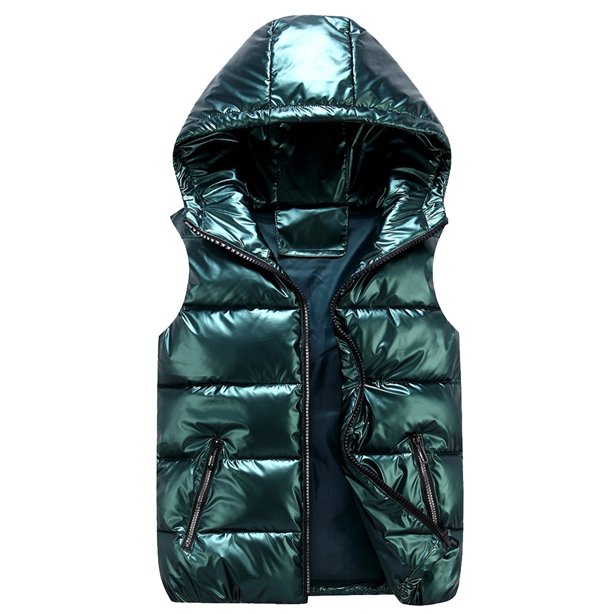 Men's solid zippered hooded vest in green