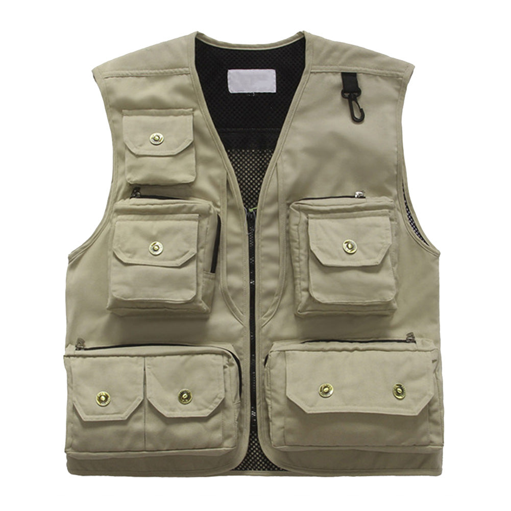 Men's solid color multi-pocket V-neck outdoor zipper
