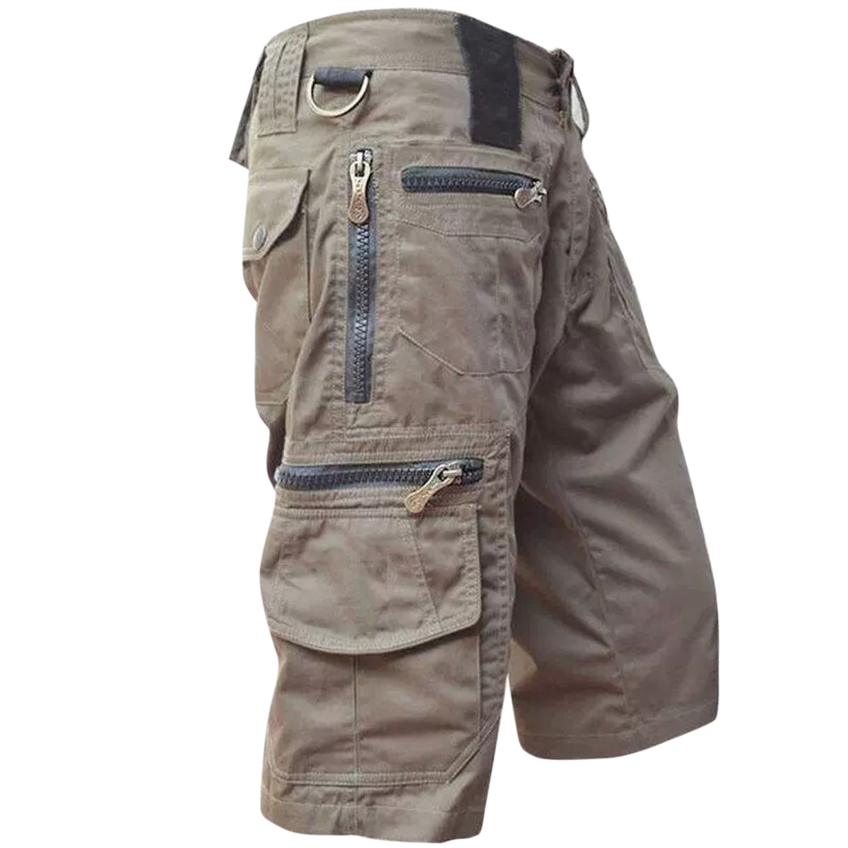 Men's solid-colored straight-leg slacks with multiple pockets and seven-point shorts in light brown