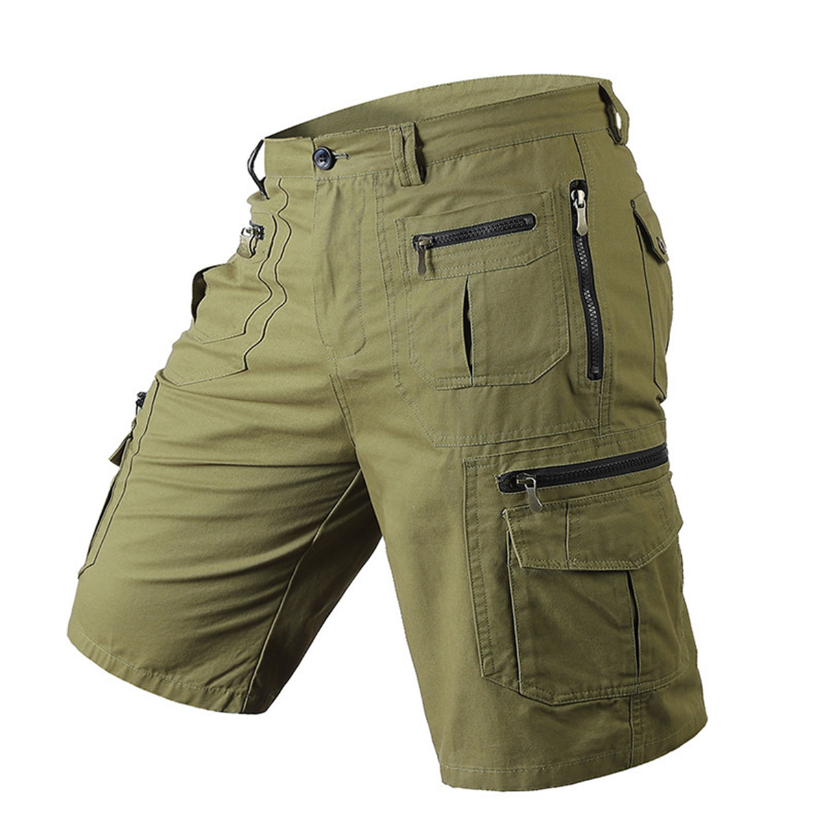 Men's solid-color wide, straight-leg multi-pocket cropped shorts in light green