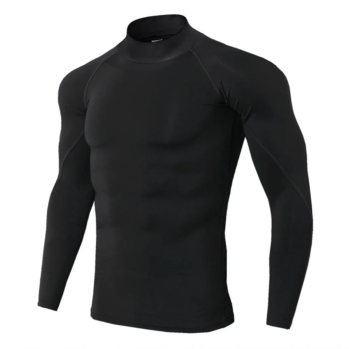 Men's solid color stand up collar long sleeved T-shirt with black background and black line