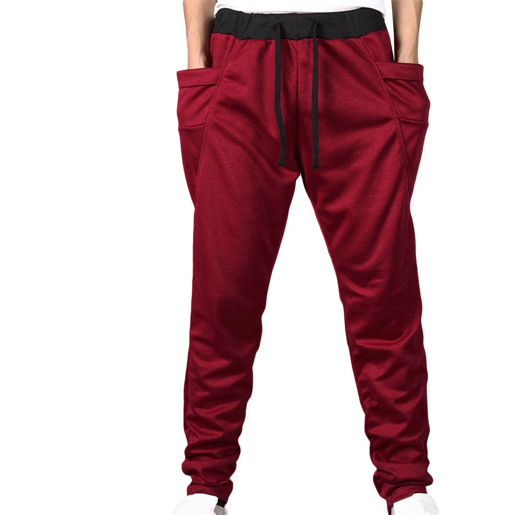 Men's drawstring elastic waist sports casual pants wine red