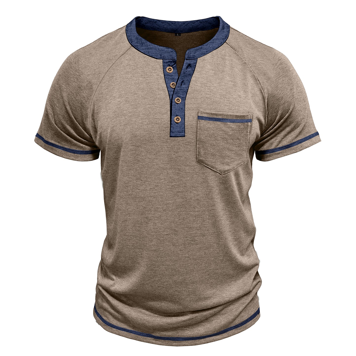 Men's solid color round neck half-breasted loose casual short-sleeved T-shirt khaki