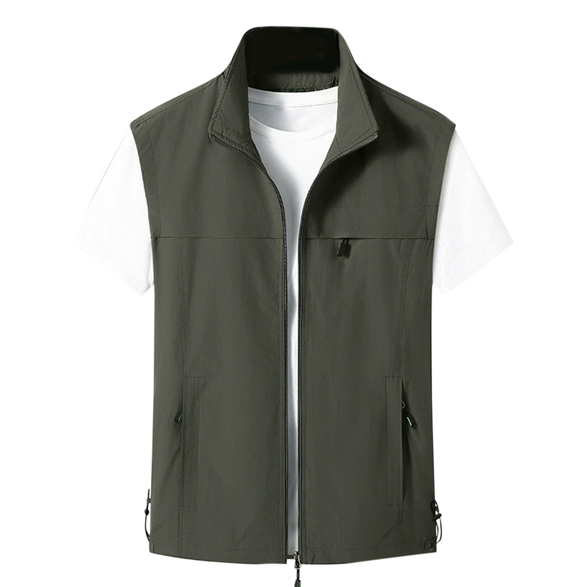 Men's solid color stand collar single zipper casual Vest Army Green
