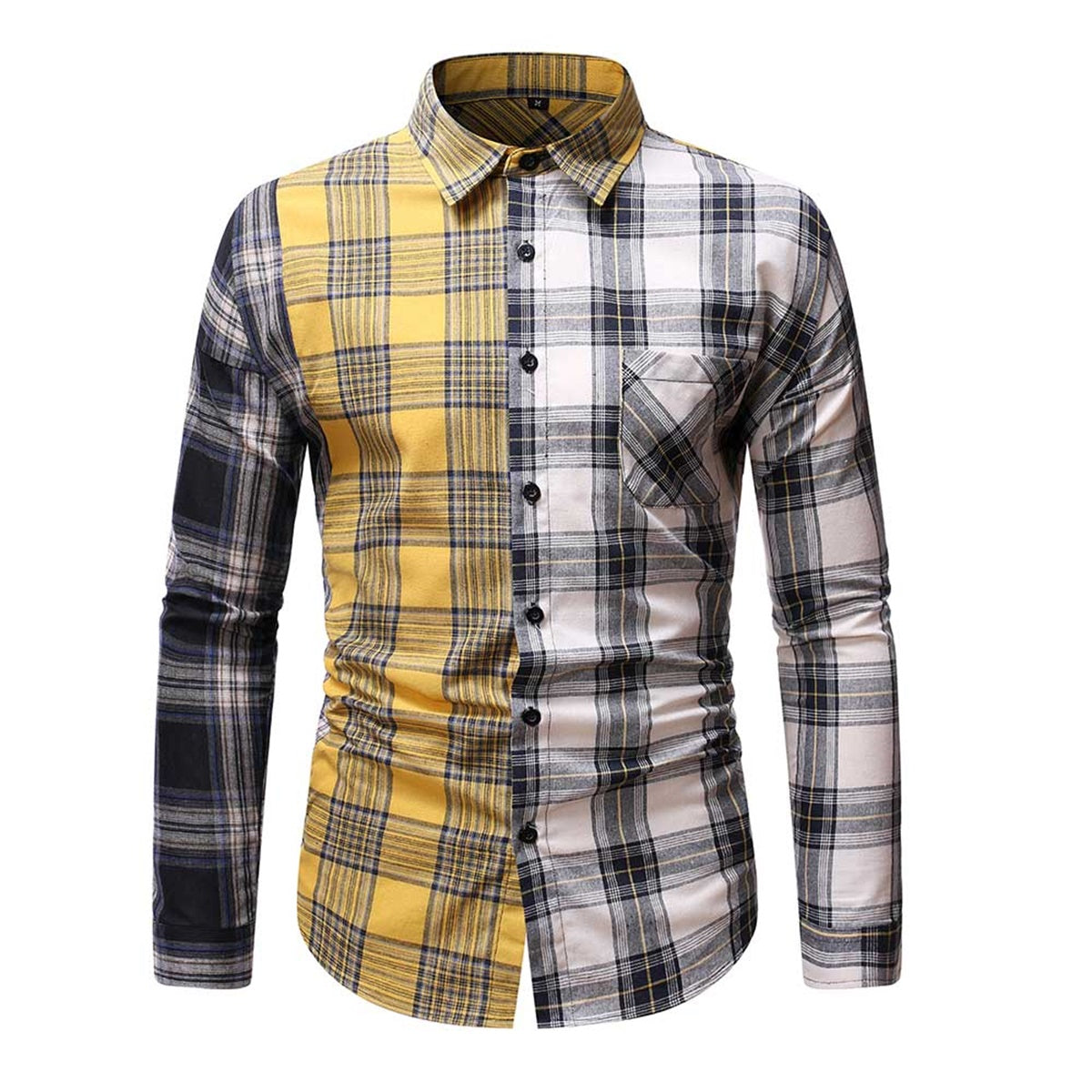 Men's colorblock plaid long-sleeved shirt yellow