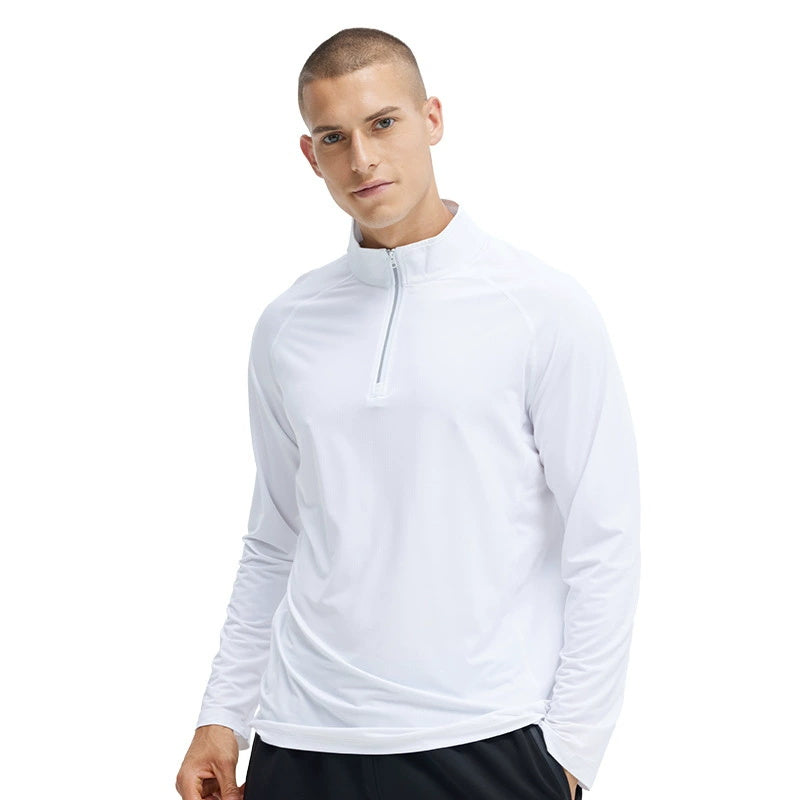 Men's casual half-zip long-sleeve T-shirt is pure white