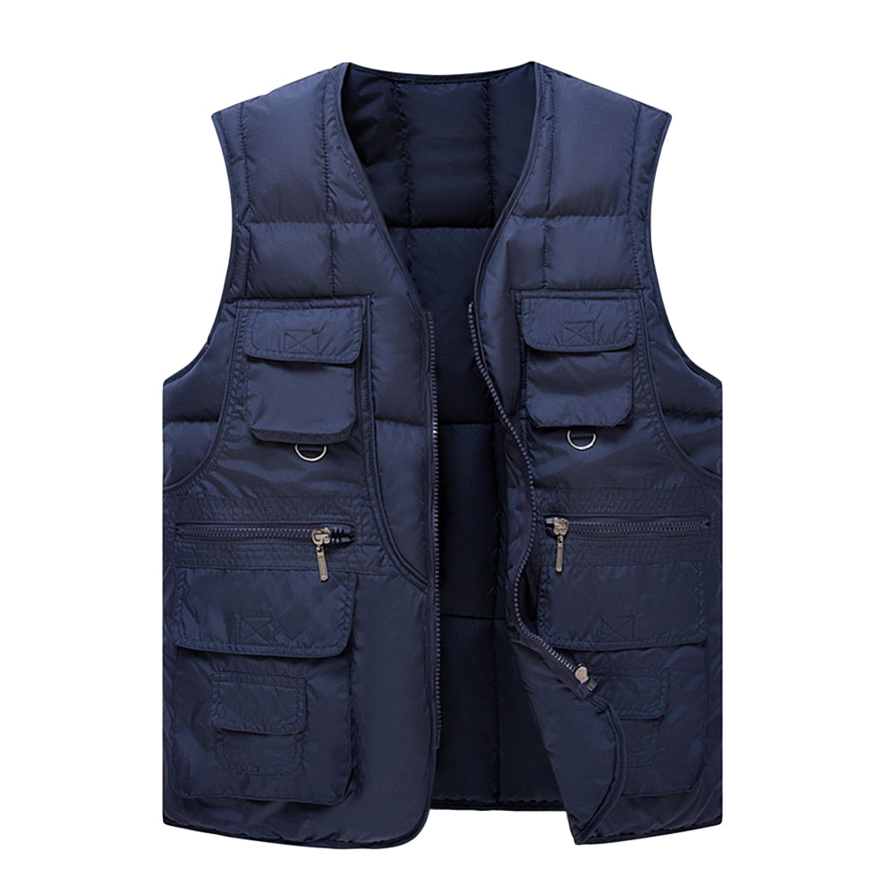 Men's solid color multi-pocket down vest vest navy blue