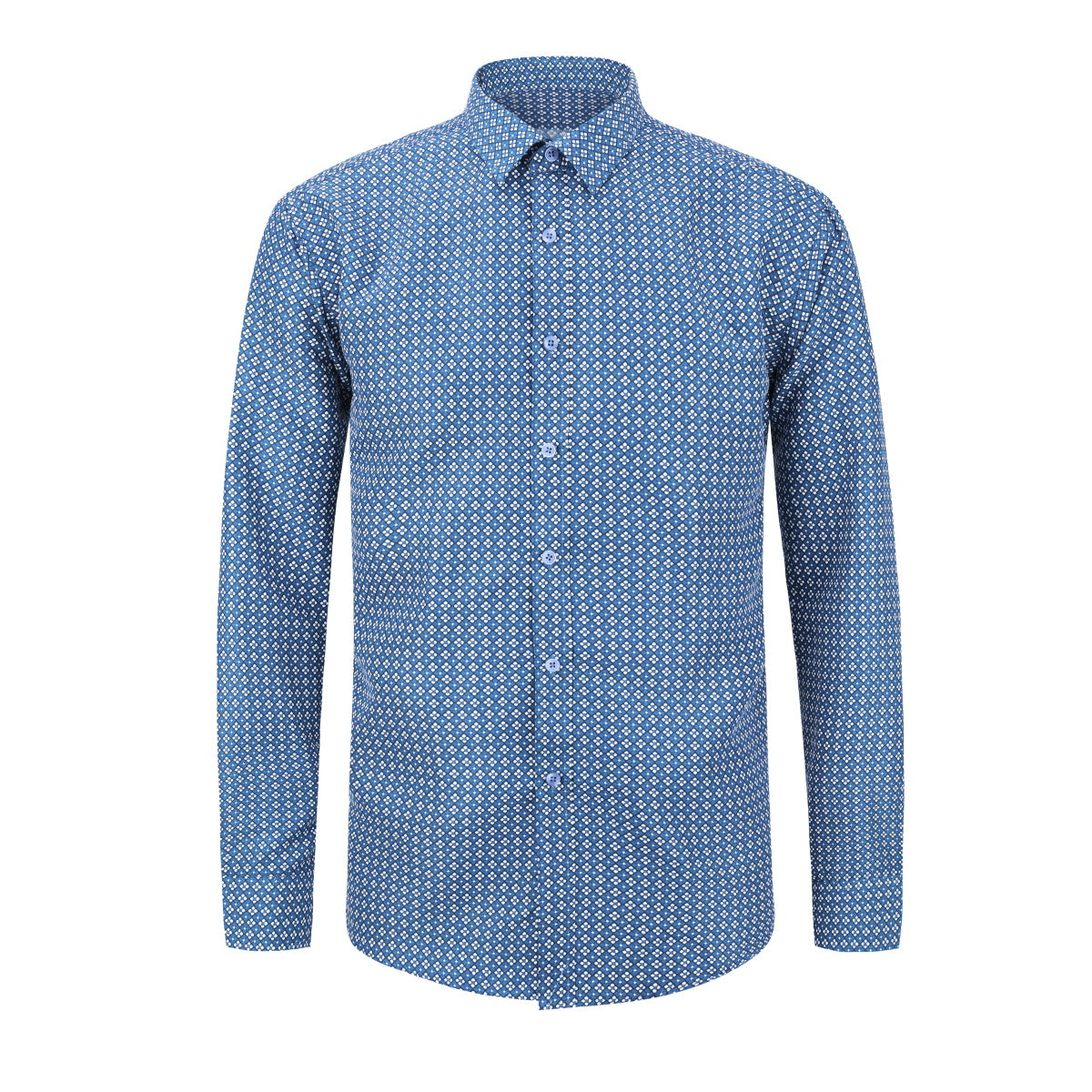 Men's printed lapel long-sleeved shirt blue