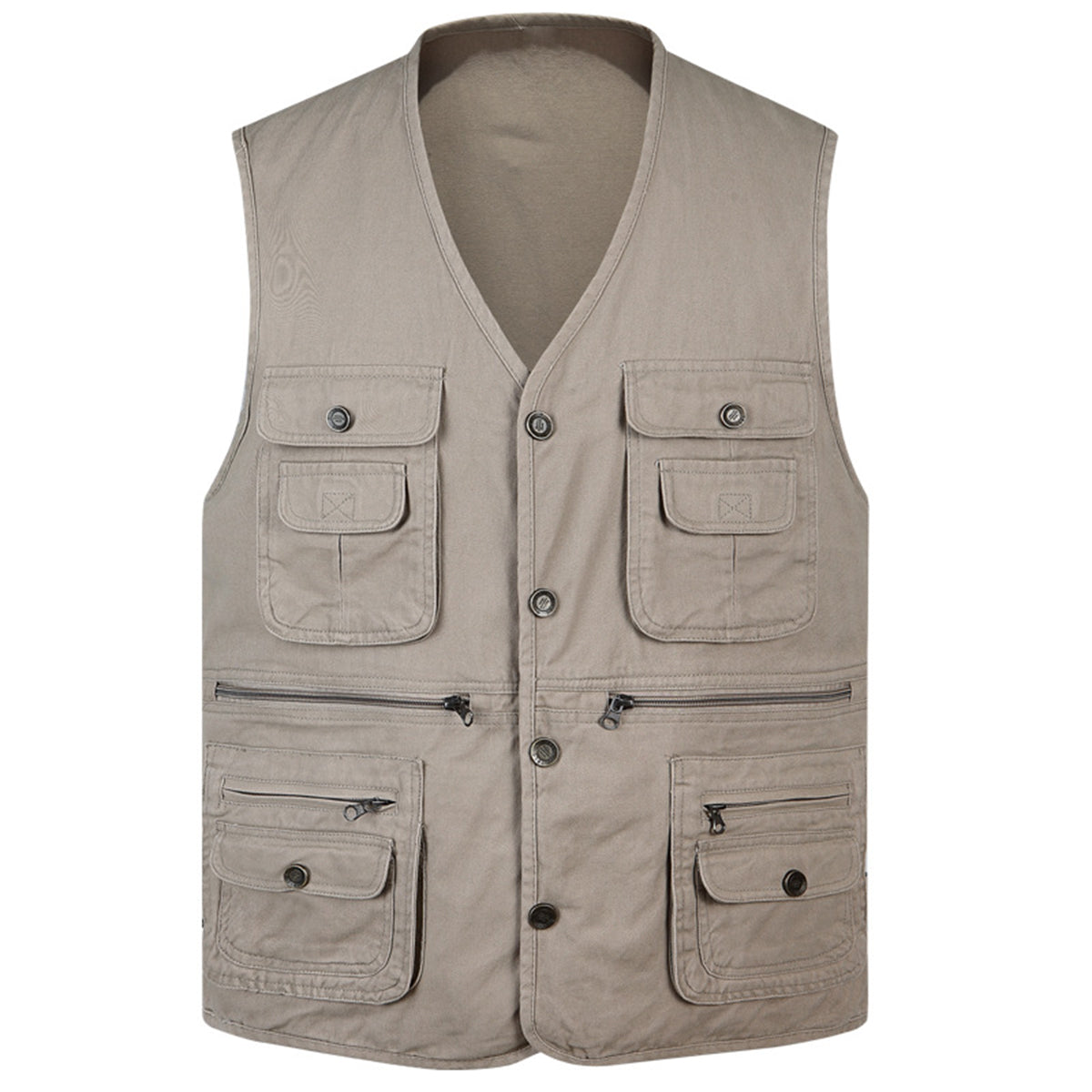 Men's solid v-neck multi-pocket vest beige