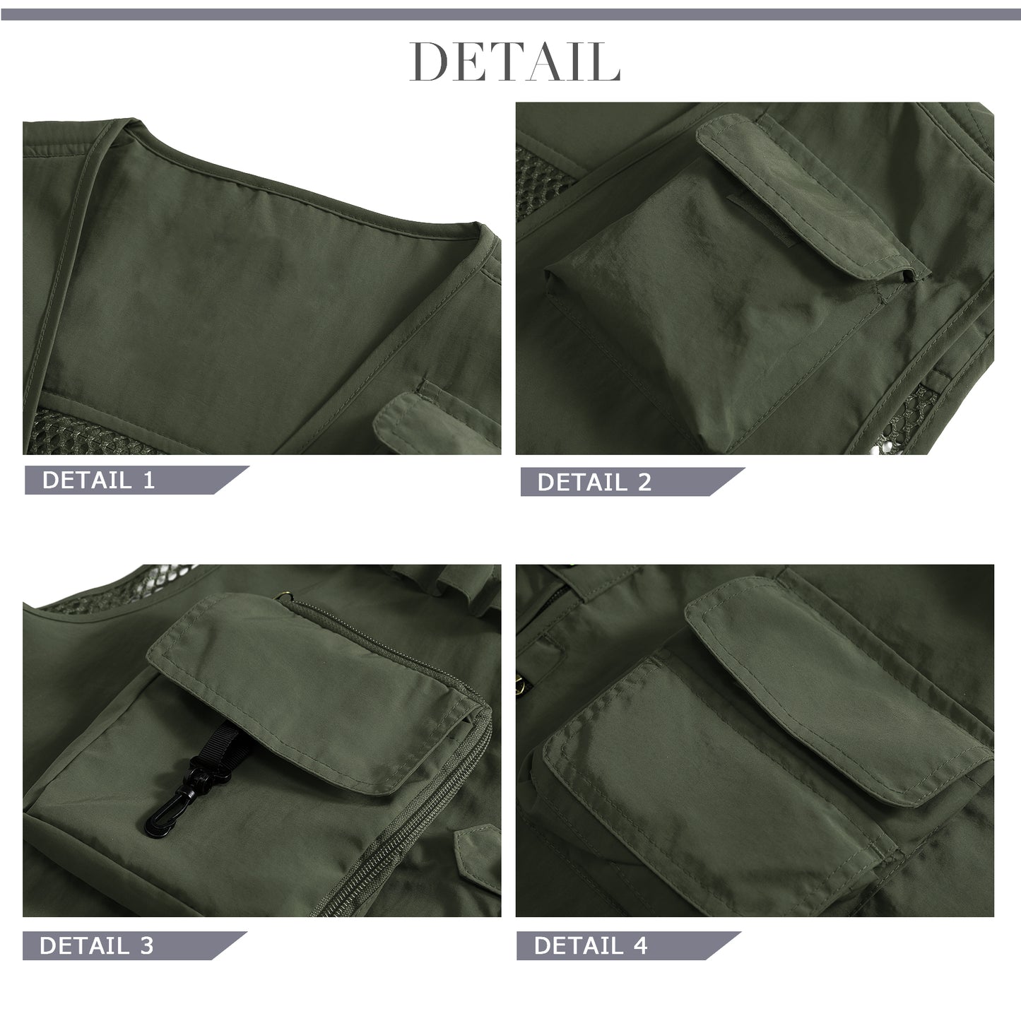 Men's V-neck solid color outdoor multi pocket casual vest military green