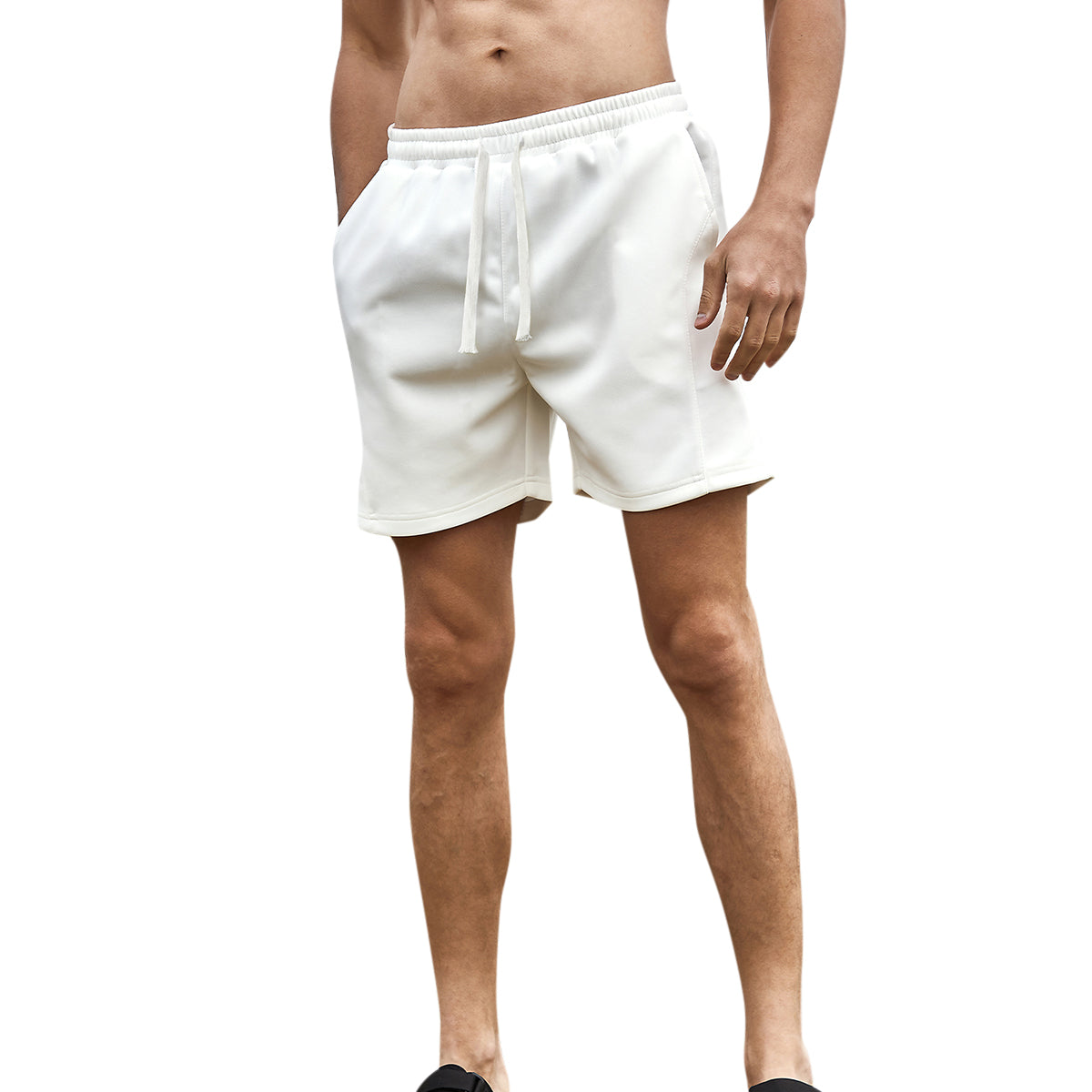 Men's solid color elastic waist sports loose casual shorts splicing - white