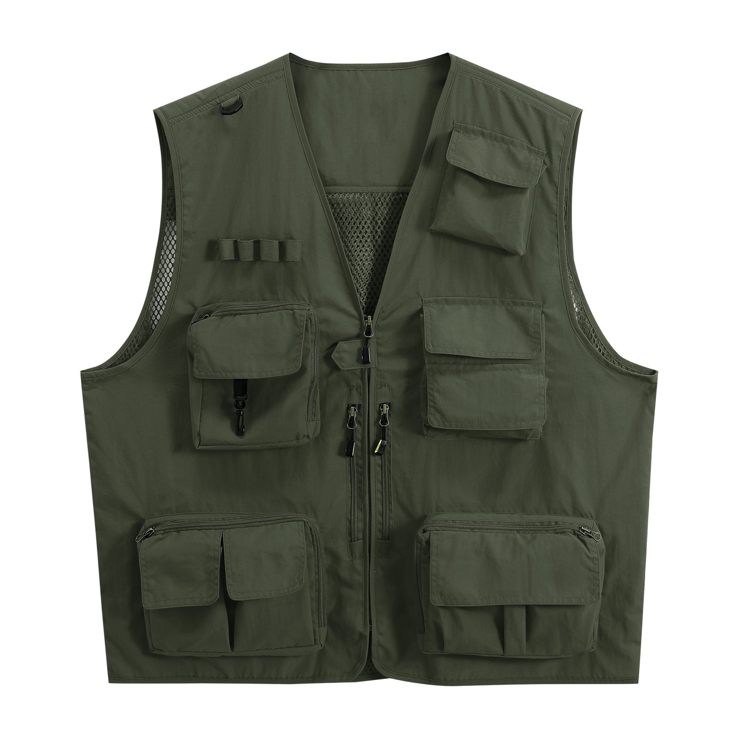 Men's V-neck solid color outdoor multi pocket casual vest military green