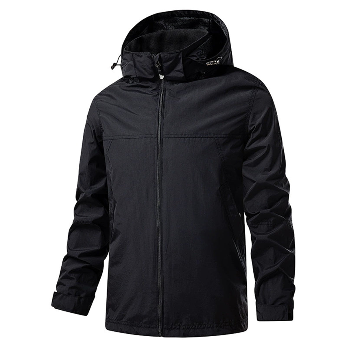 Men's casual single zip hooded jacket in solid black