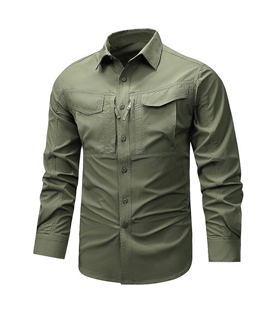 YOUTHUP Men's Military Style Shirts Long Sleeve Slim Fit Button Down Work Tops with Zipper Pocket