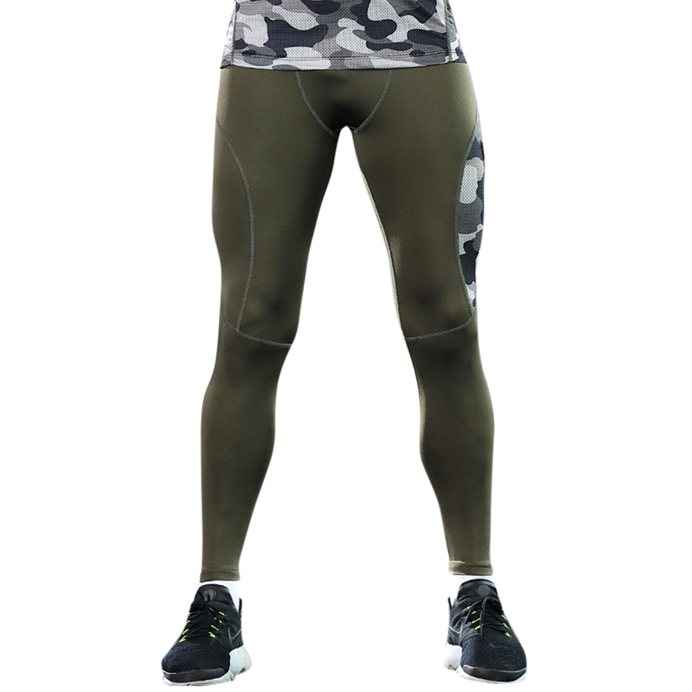 Men's spliced camouflage tight sports pants long pants military green+camouflage