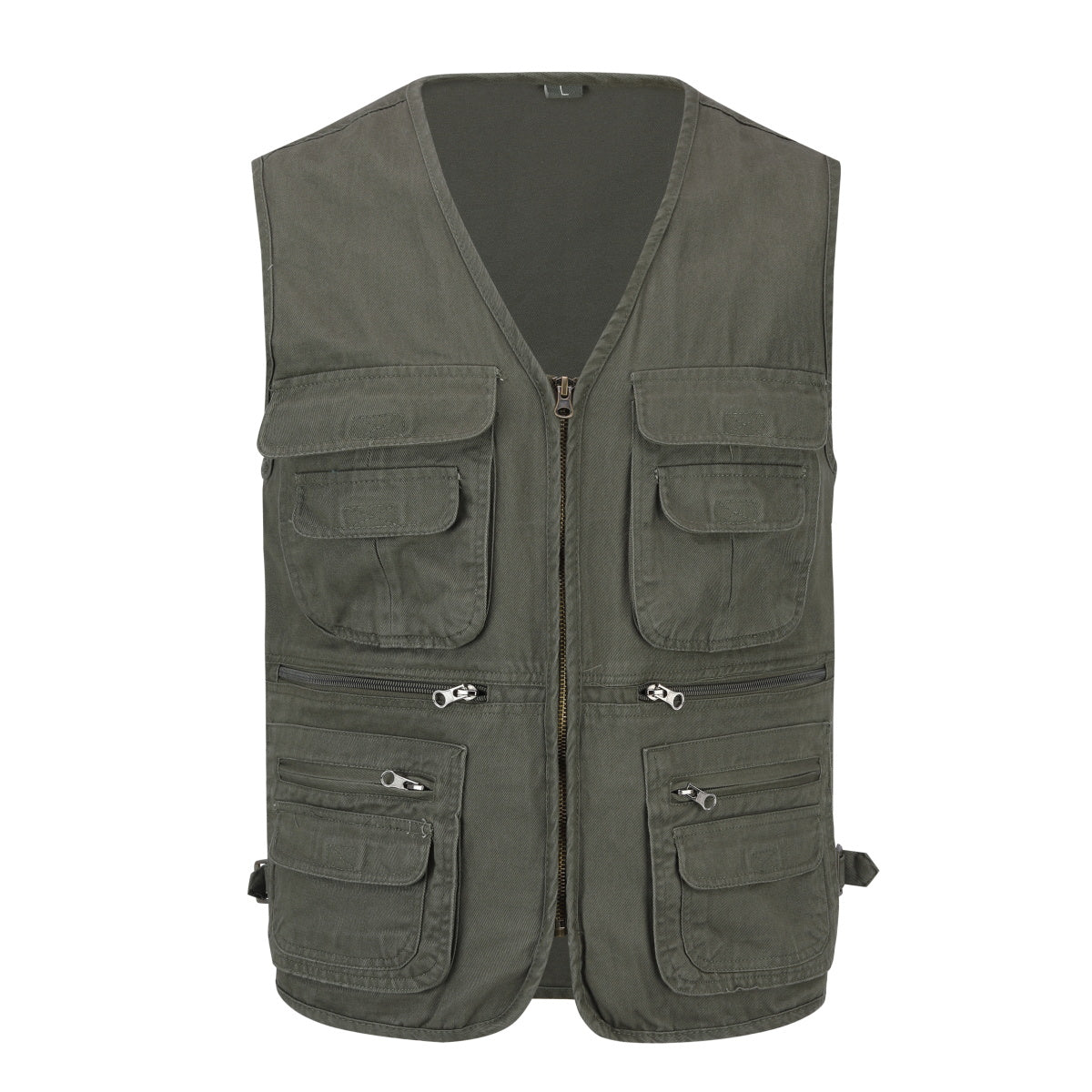 Men's solid color v-neck multi-pocket vest military green