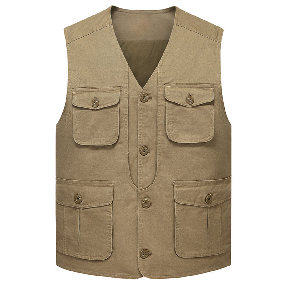 Men's solid color V-neck multi-pocket vest vest khaki