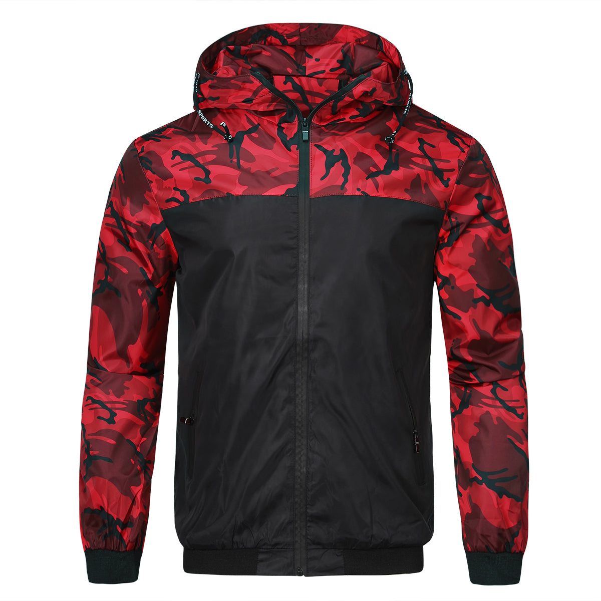 Men's hooded camouflage patchwork jacket red