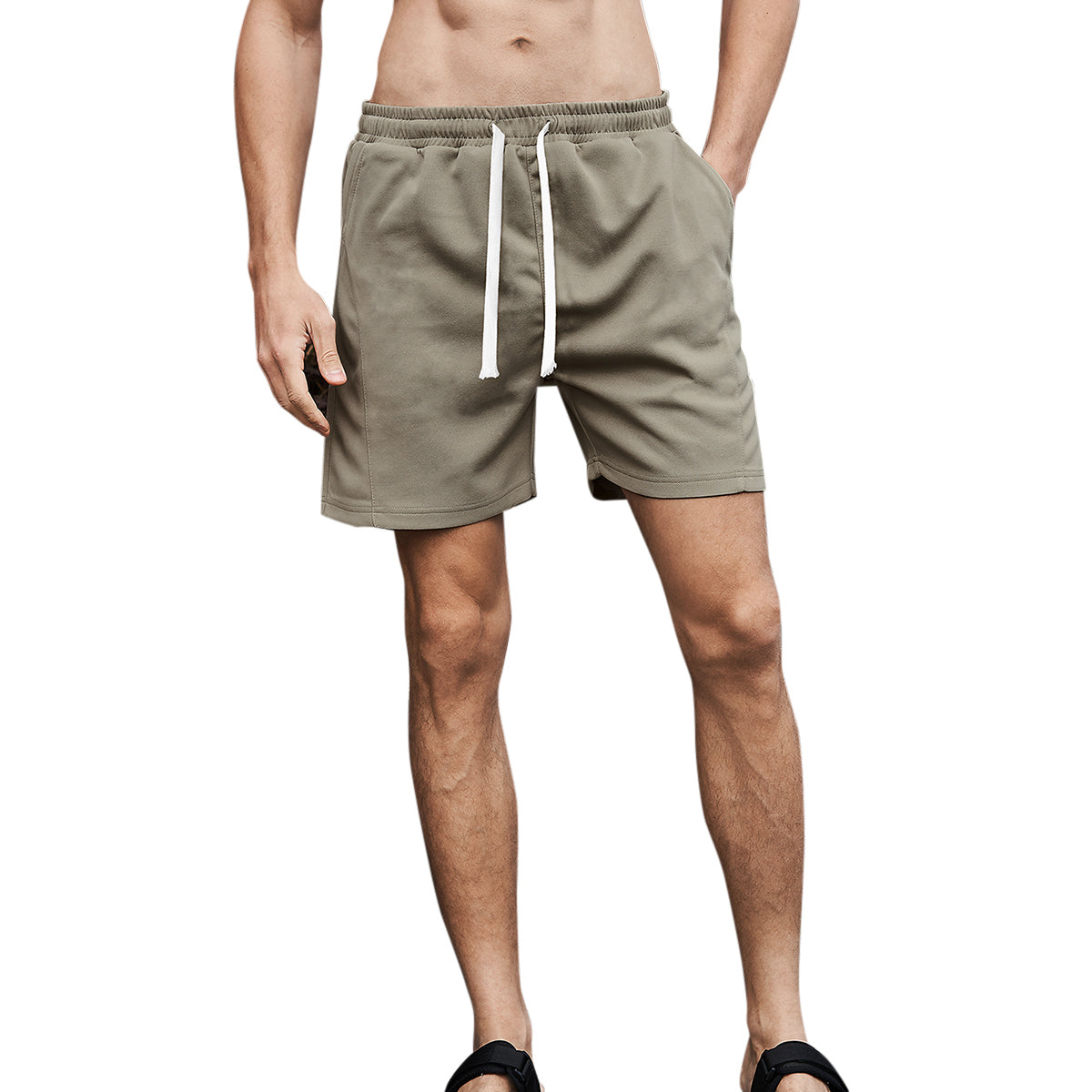 Men's solid color elastic waist sports loose casual shorts splicing - light khaki