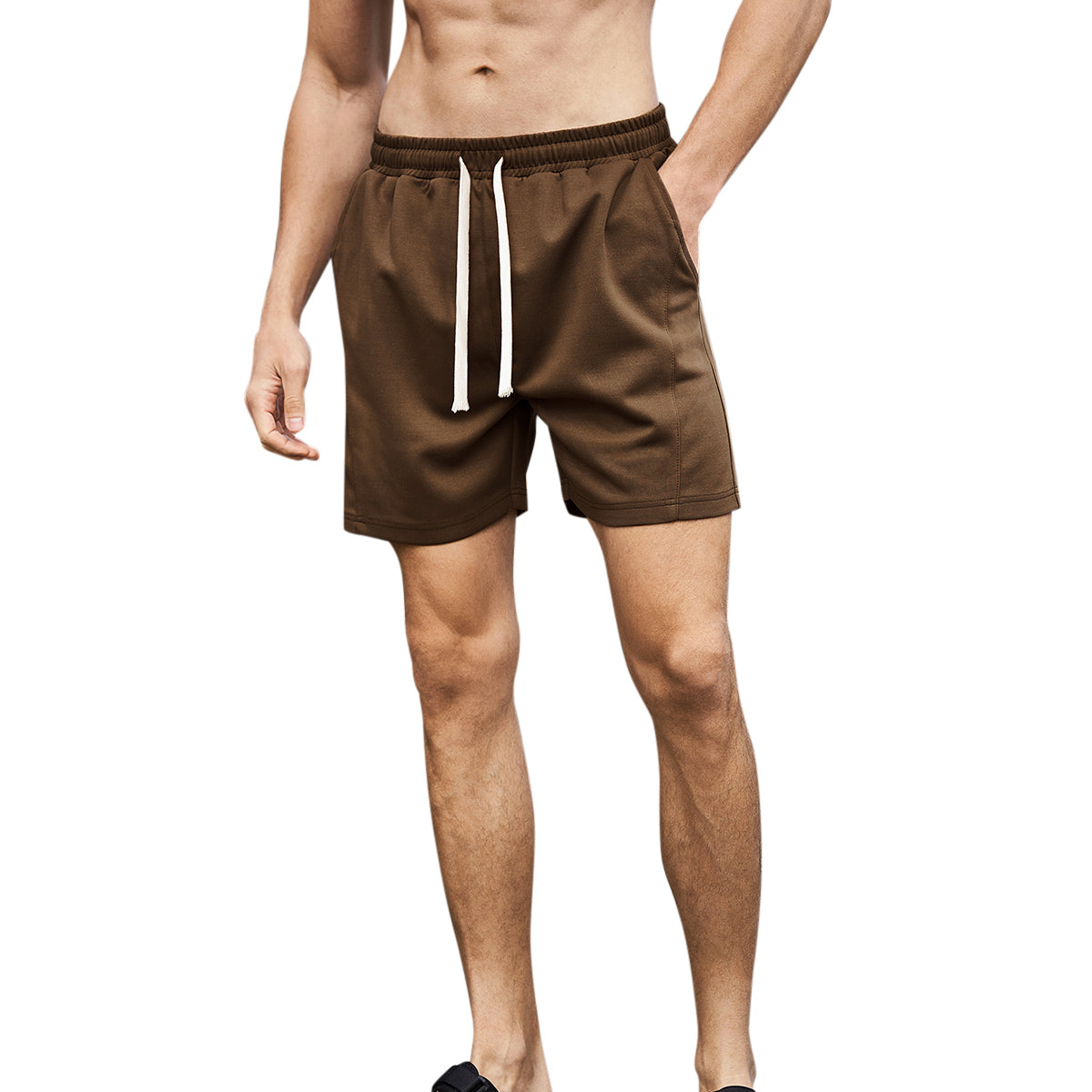 Men's solid color elastic waist sports loose casual shorts splicing - coffee