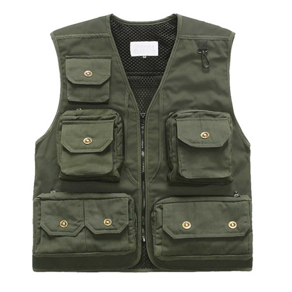 Men's solid color multi-pocket V-neck outdoor zipper