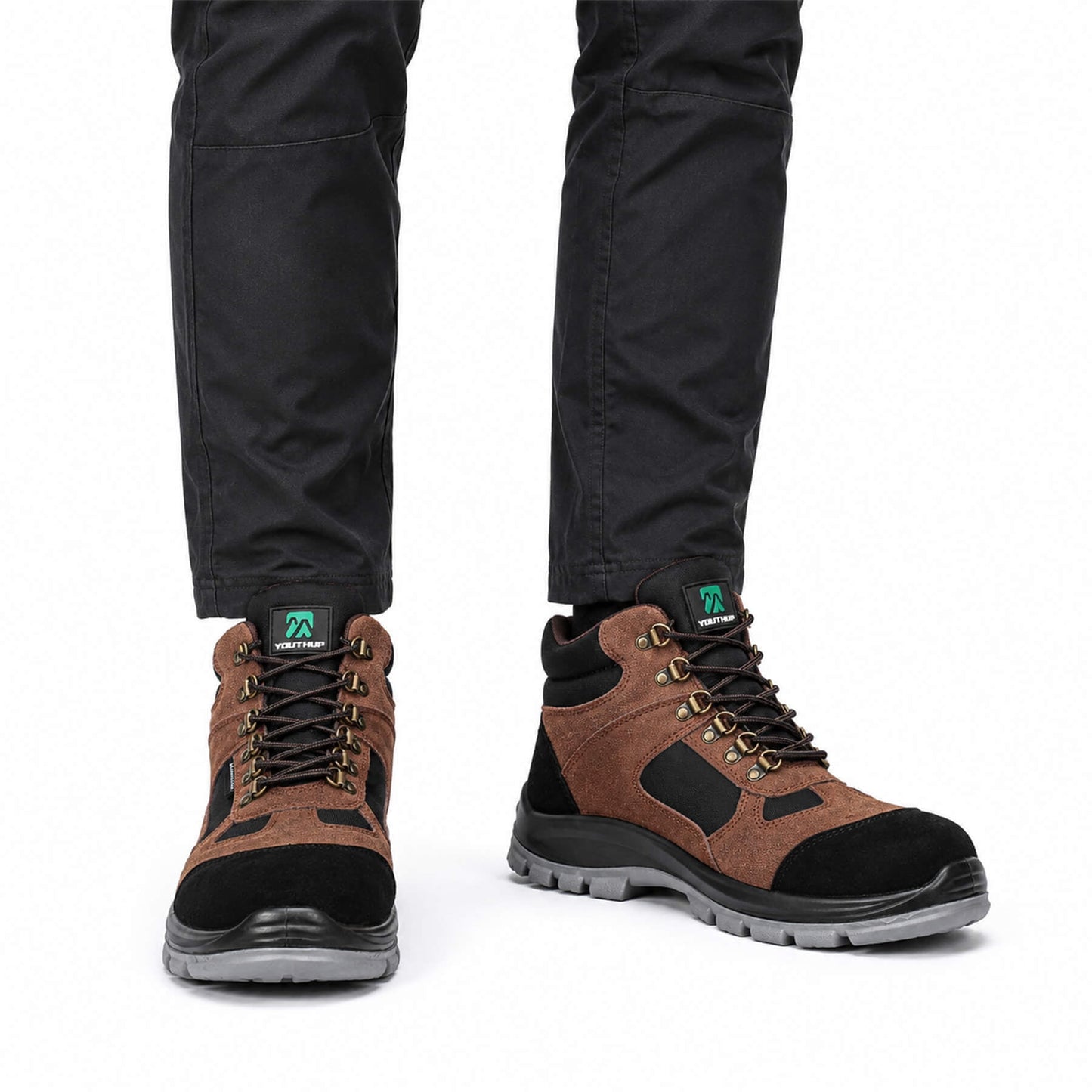 YOUTHUP Men's Work Boots Safety Toe Slip Resistant Suede Leather Construction Hiking Shoes