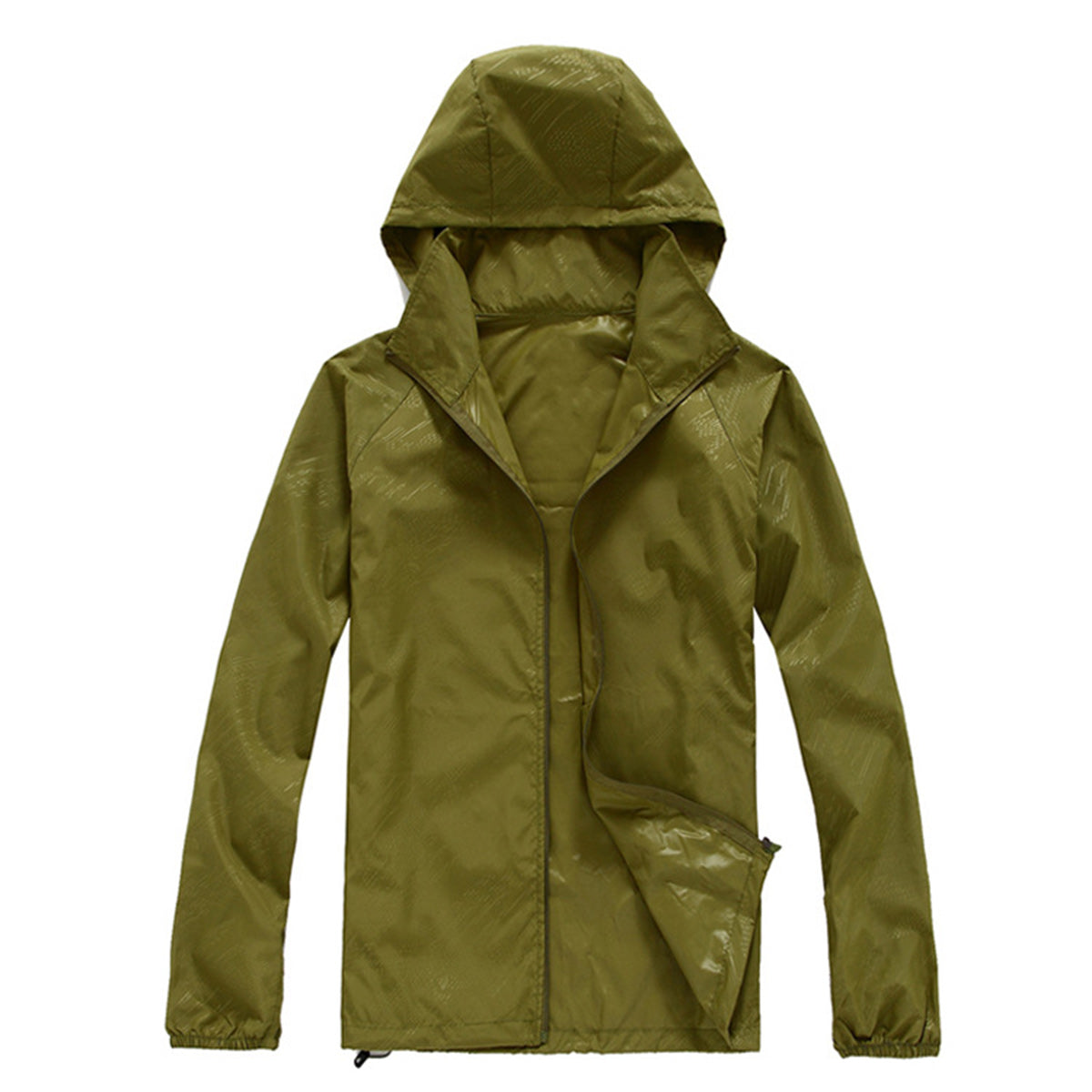 Men's solid color dark pattern zipper hooded waterproof sunscreen suit comes with a same color storage bag in military green