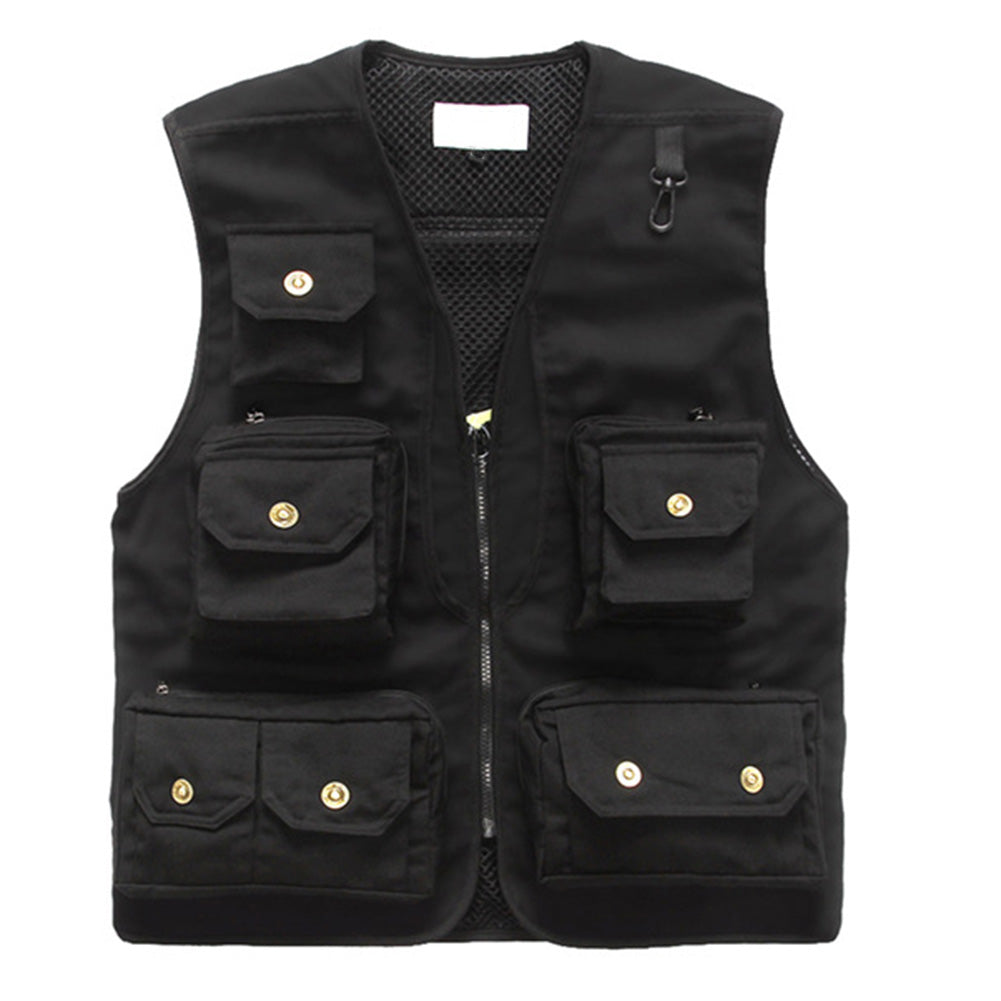 Men's solid color multi-pocket V-neck outdoor zipper