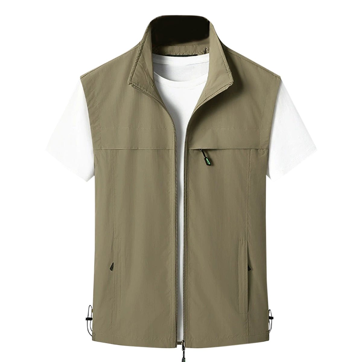 Men's solid color stand collar single zipper waistcoat casual khaki