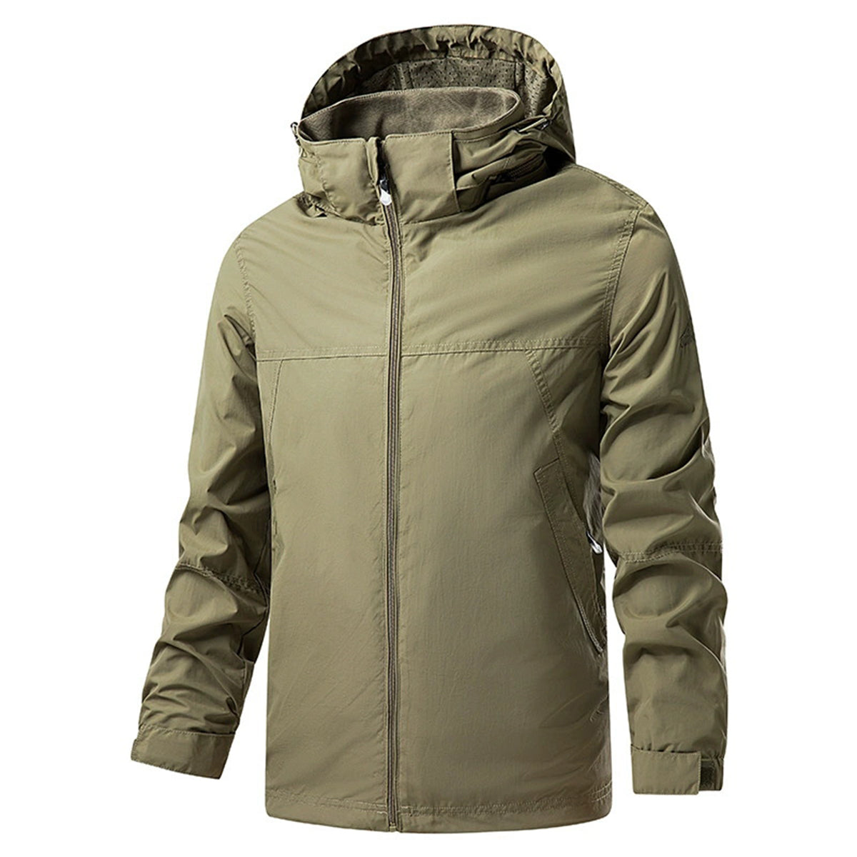 Men's solid color casual single zip hooded jacket khaki