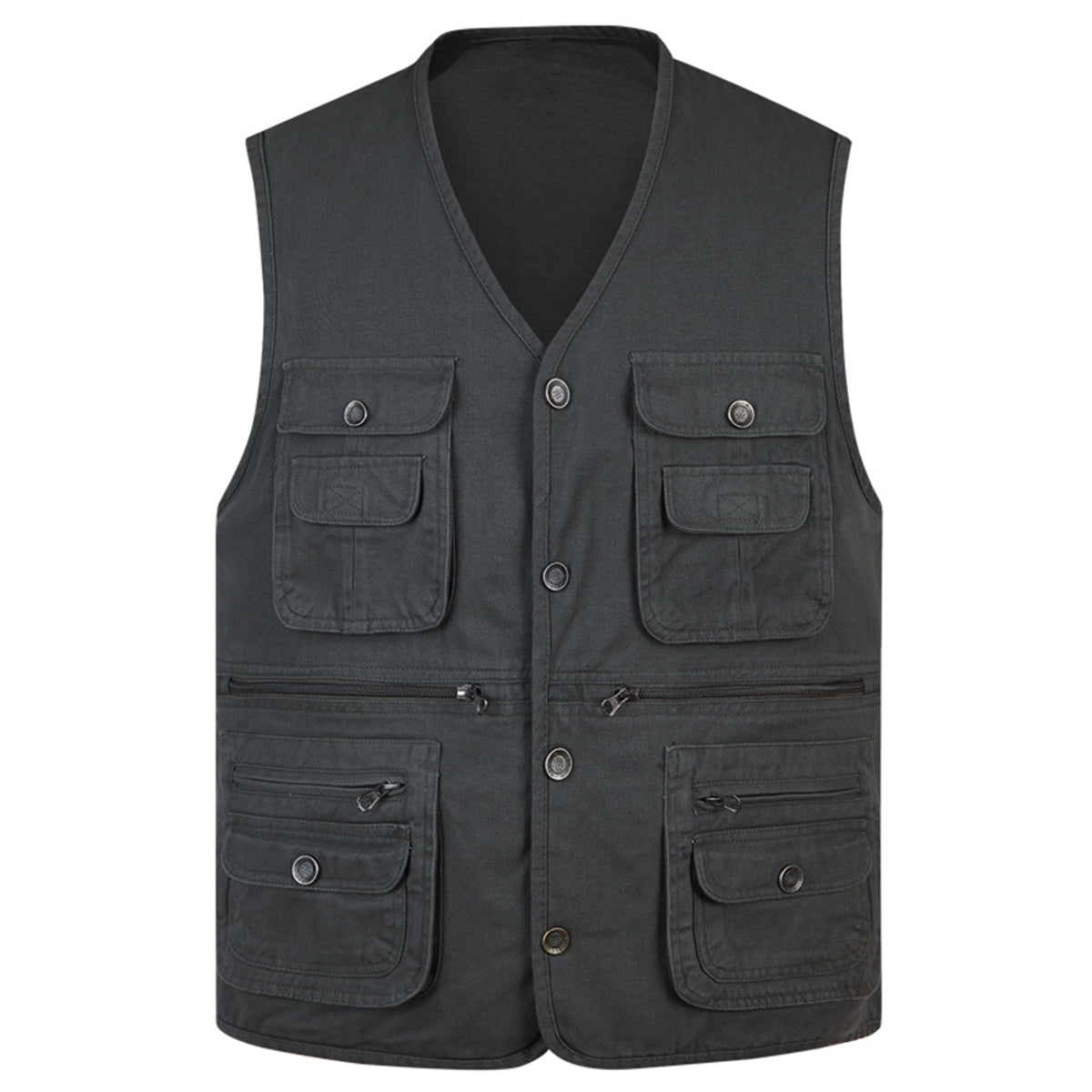 Men's solid v-neck multi-pocket vest dark gray