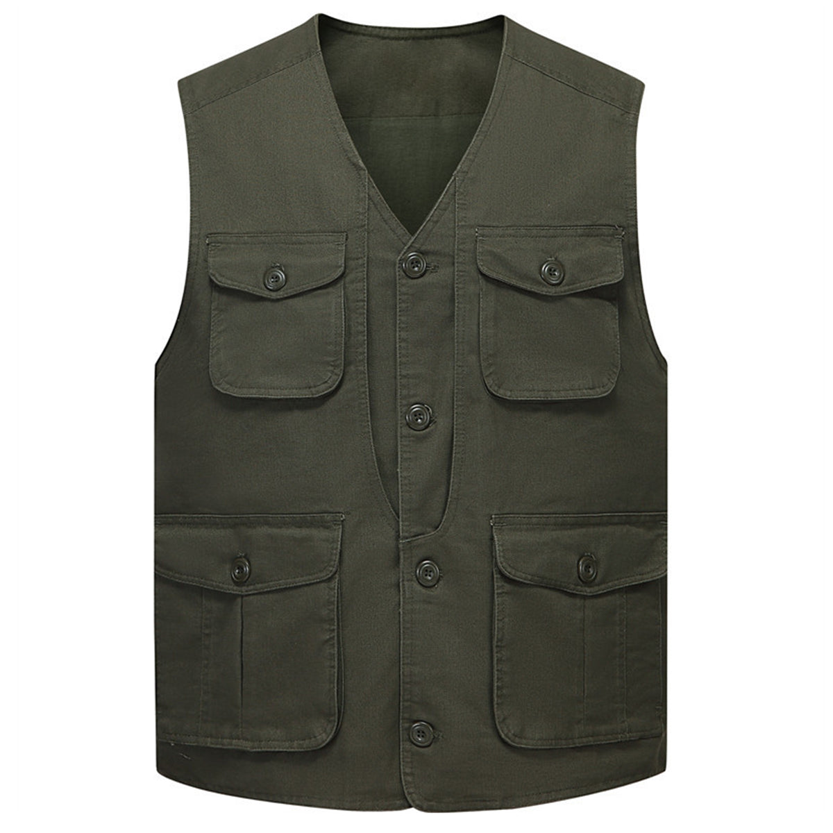 Men's solid color V-neck multi-pocket vest military green