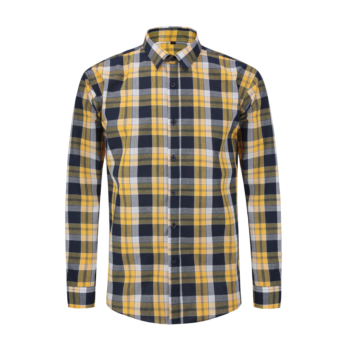Men's lapel plaid long sleeve shirt yellow blue plaid