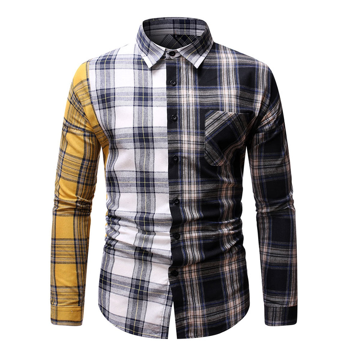 Men's colorblock plaid long-sleeved shirt white