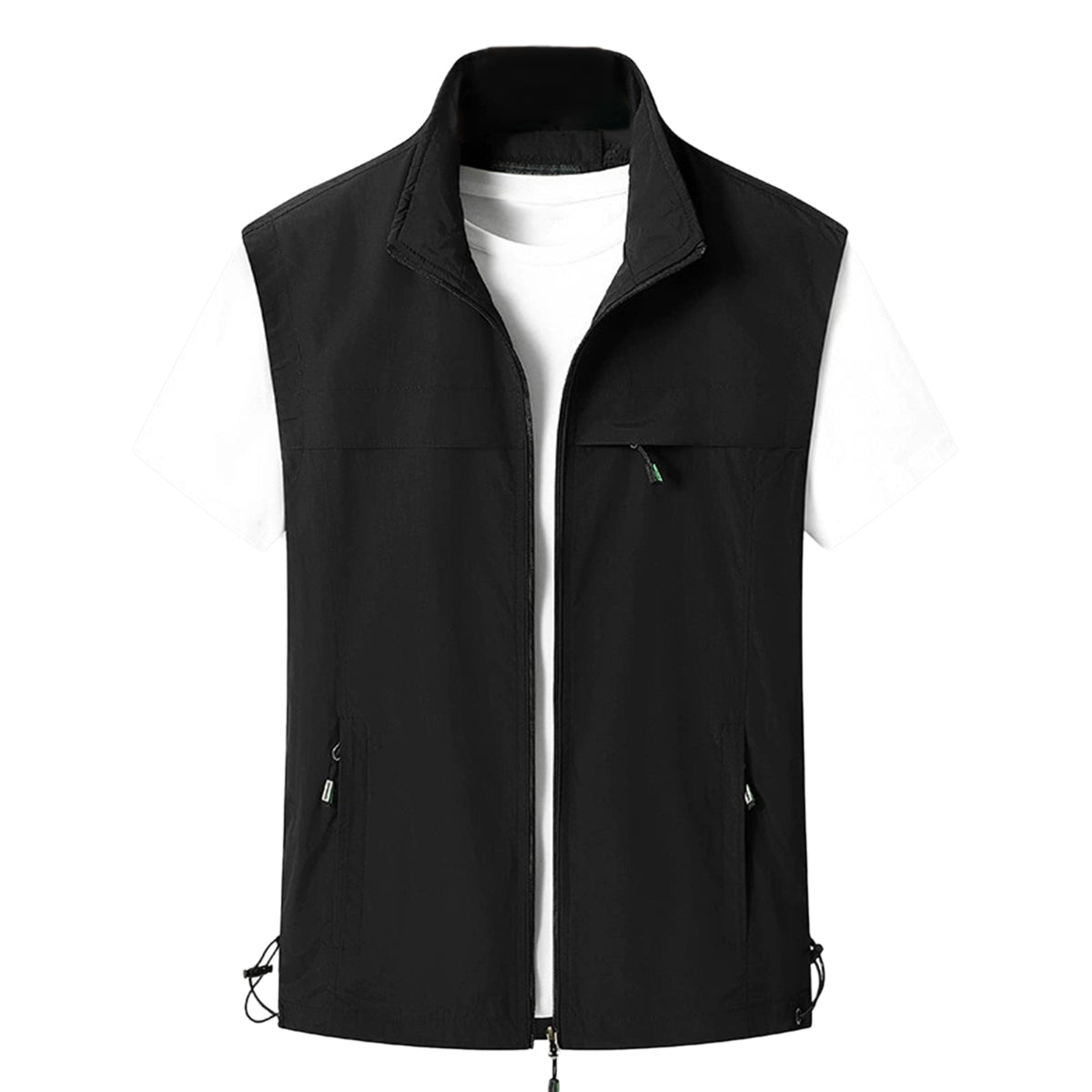 Men's solid color stand collar single zip casual vest black