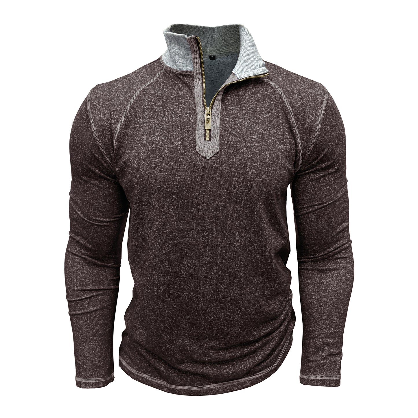 Men's close-fitting T-shirt with zipper collar and brown color