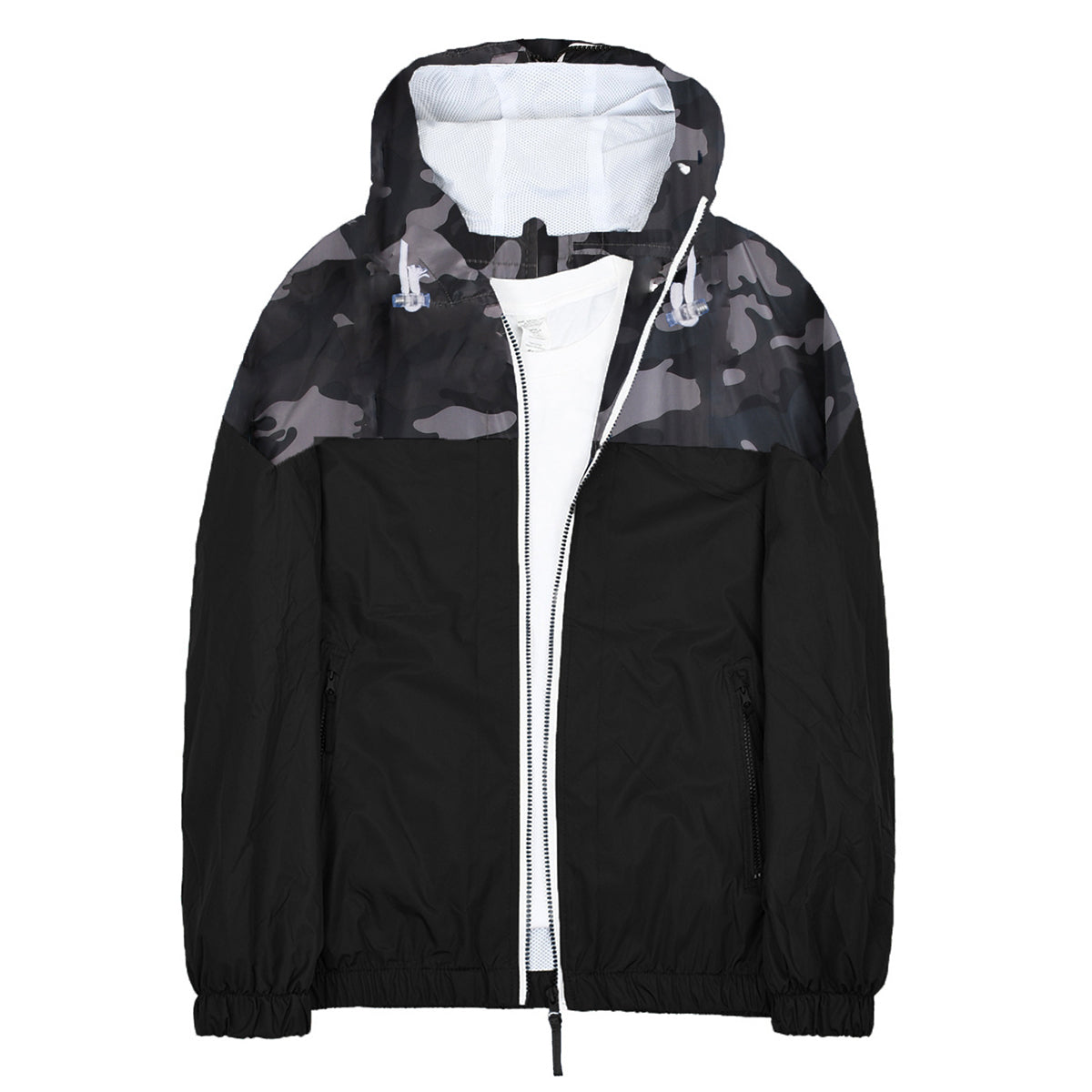 Men's quilted hooded zip jacket with loose waterproof finish in black camouflage