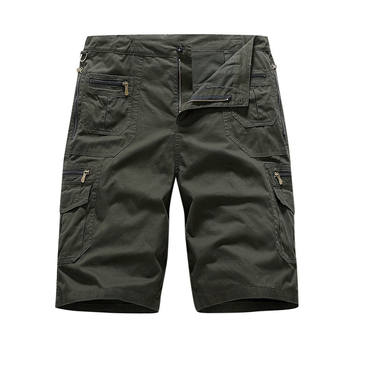 Men's solid color loose straight multi-pocket seven-point shorts army green