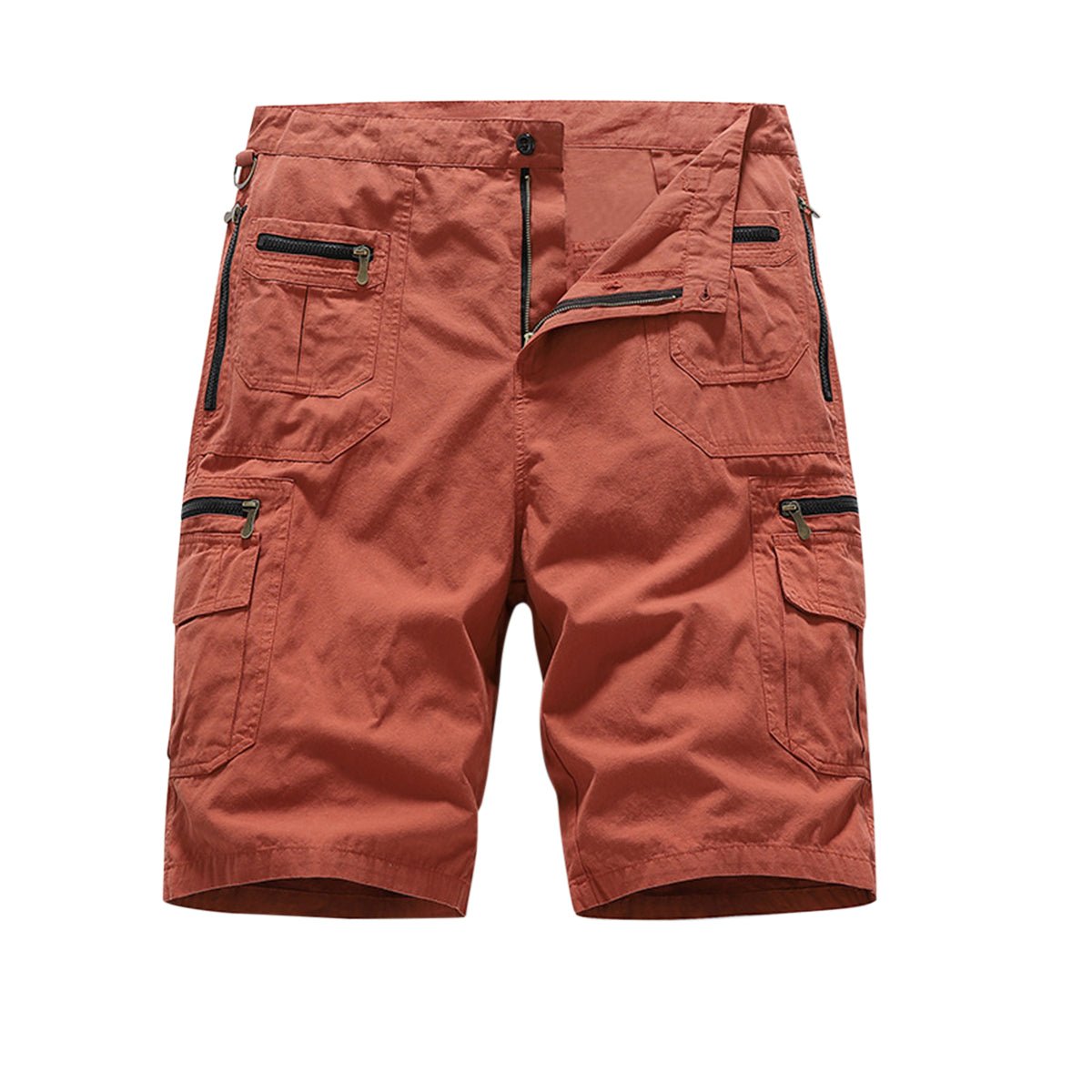 Men's solid-colored wide, straight-leg multi-pocket cropped shorts in orange