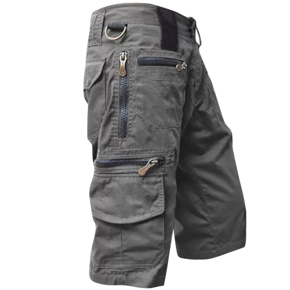 Men's solid-colored straight-leg slacks with multiple pockets and seven-point shorts in dark gray