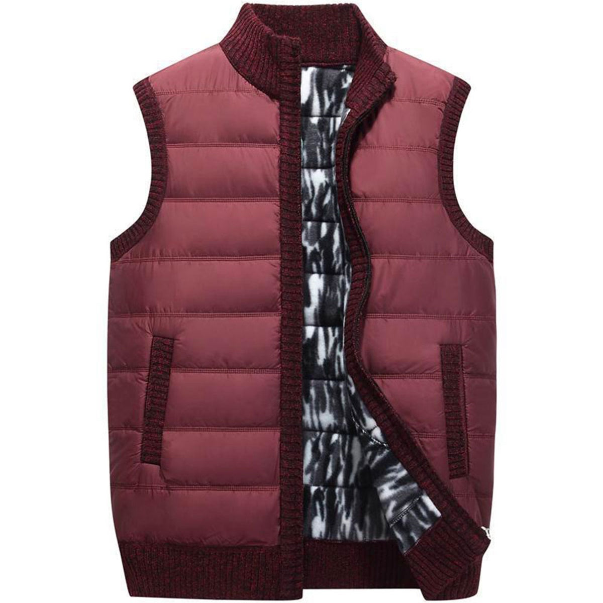 Men's stand collar knitted quilted vest burgundy