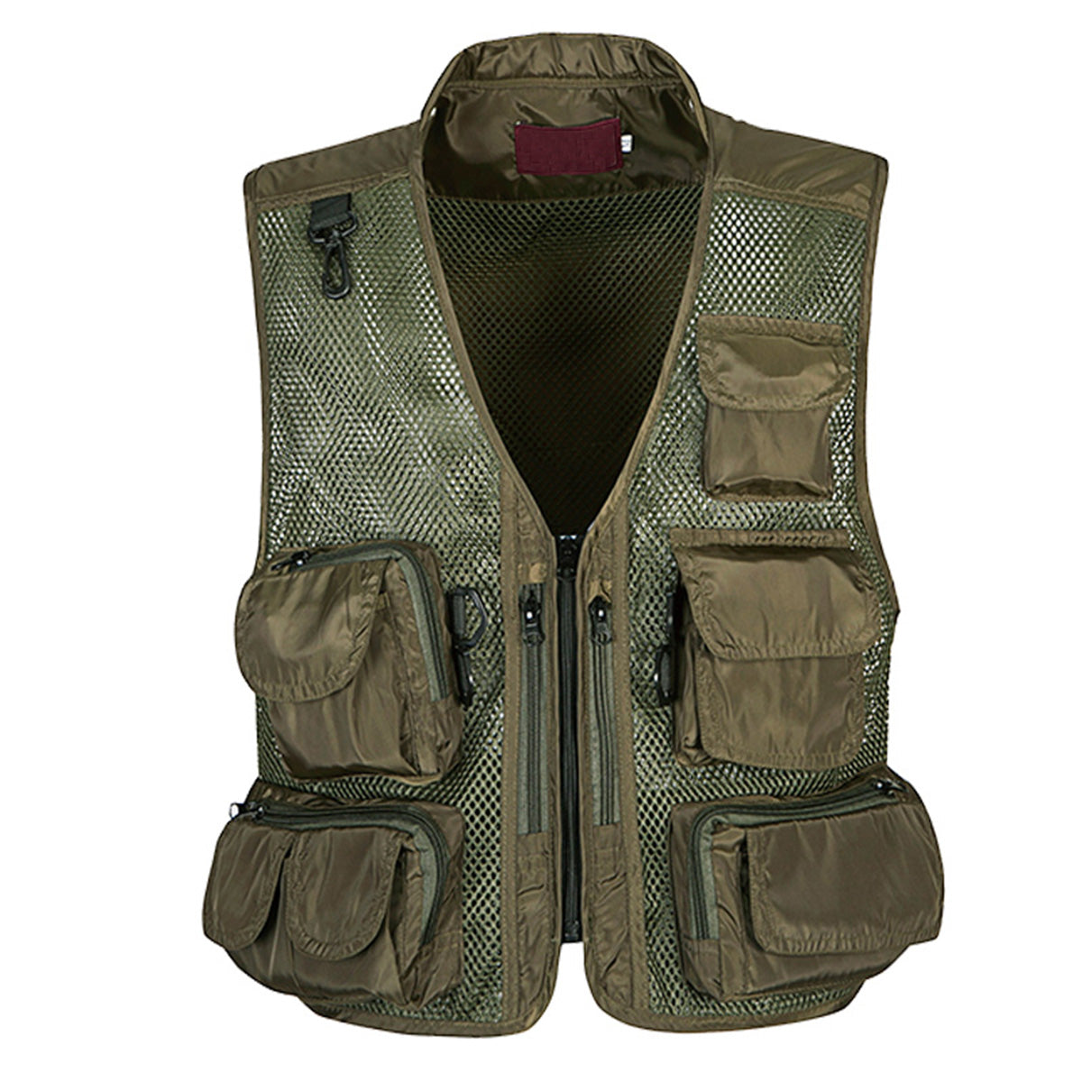 Men's multi-pocket mesh vest zippered military green