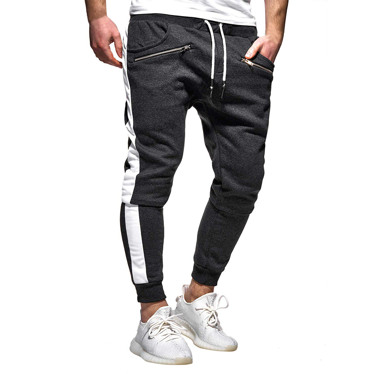 Men's drawstring sport color blocked casual pants dark gray