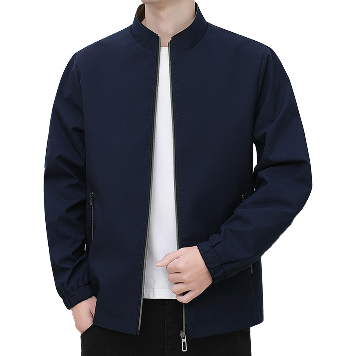 Men's solid color stand-up collar jacket dark blue