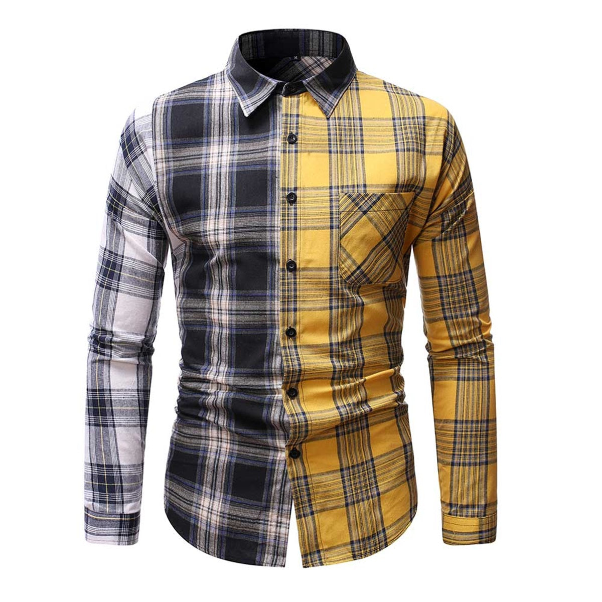 Men's colorblock plaid long-sleeved shirt black