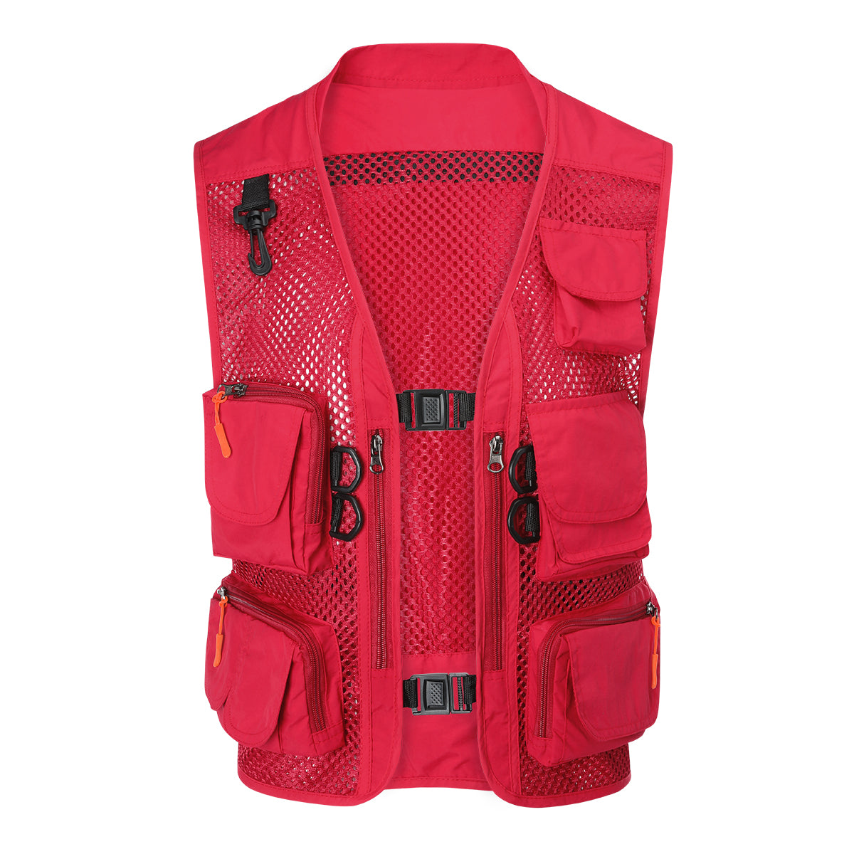 Men's solid color multi-pocket thin mesh casual vest red