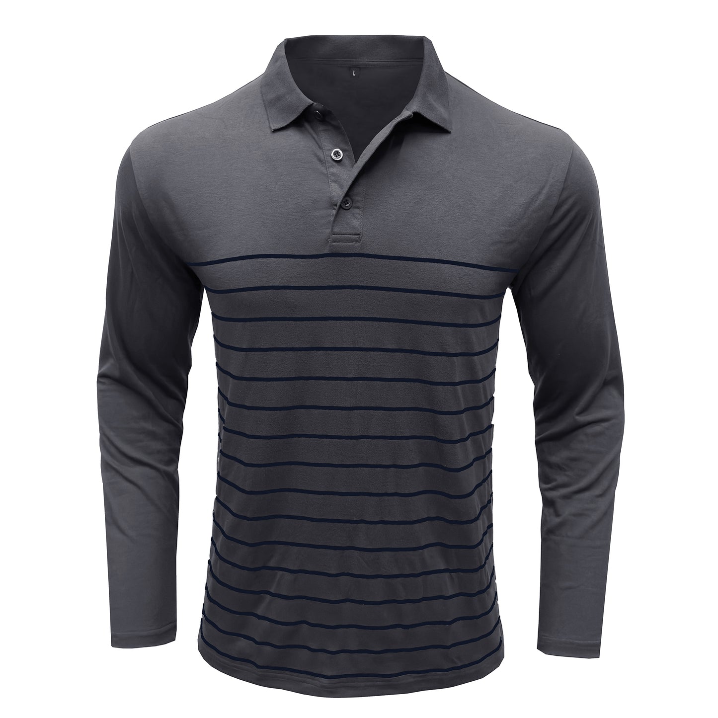 Men's lapel striped long-sleeved T-shirt gray