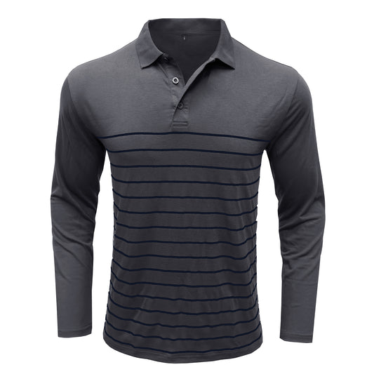 Men's lapel striped long-sleeved T-shirt gray