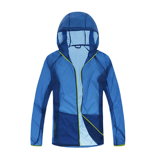 Men's solid color zipper hooded sunscreen clothing comes with a same color storage bag